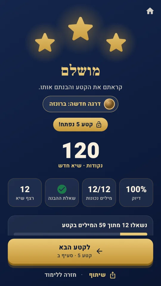 מסך התוצאות: שלושה כוכבים, 120 נקודות וקטע 5 נפתח