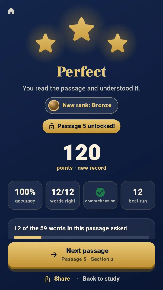 Results screen: three stars, 120 points, passage 5 unlocked